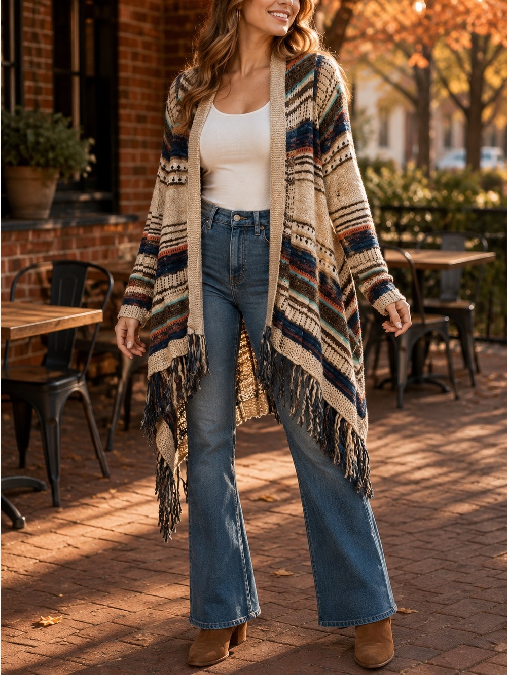 Lucky Brand Size L Boho Open Knit Striped Fringe Waterfall Cardigan